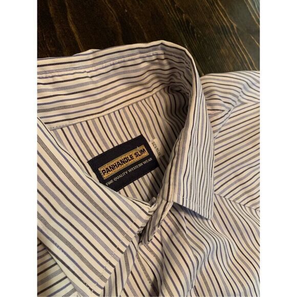 Pearl Snap Shirt-PANHANDLE SLIM White/Black Stripe L/S Mens EUC 17.5/35(Large) - Picture 4 of 5